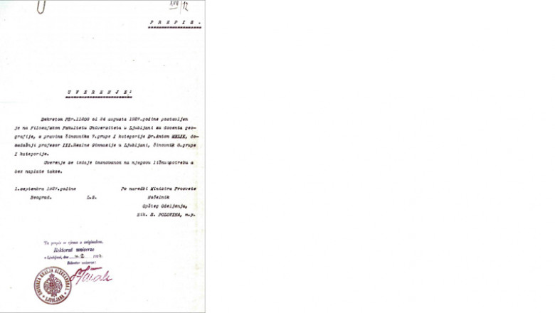 Dokument iz leta 1927, ki priča o namestitvi dr. Antona Melika na delovno mesto docenta za geografijo na Filozofski fakulteti Univerze v Ljubljani.